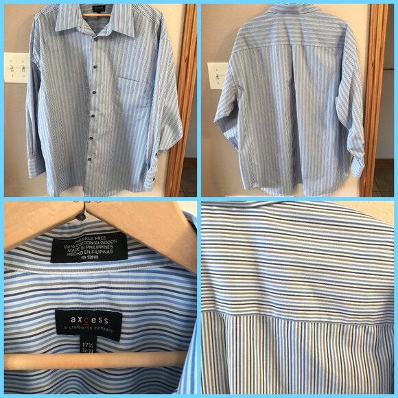 Axcess Striped Men’s Shirt: Button-Down, White Blue Brown Pinstripe 17-1/2 32-33 - Picture 9 of 9